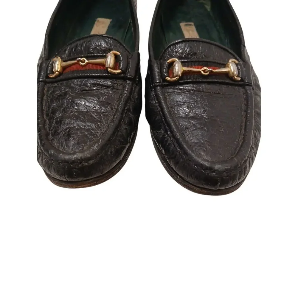 Gucci Horse Bit Loafers Flat‎ Shoes 36 Black Leather Equestrian Red Green Ribbon